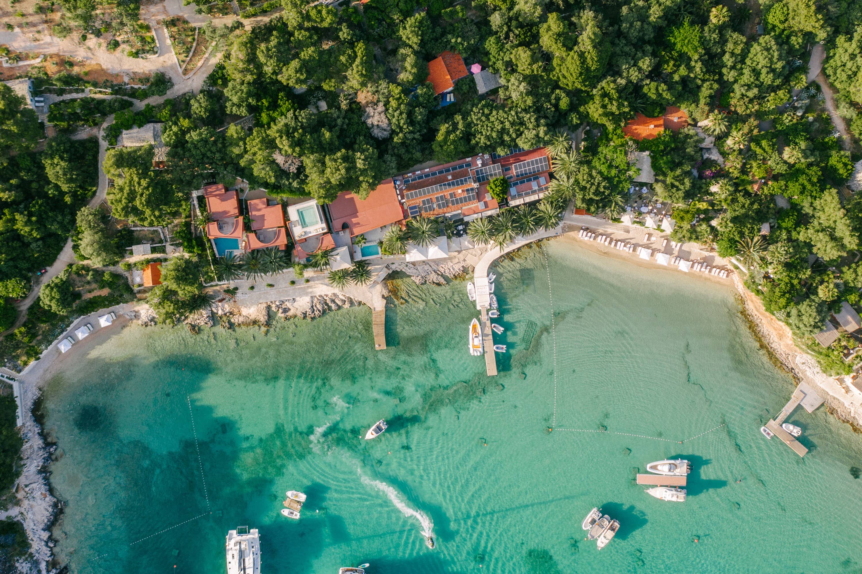 Drone view of Palmižana and the Pakleni Islands under midday sun